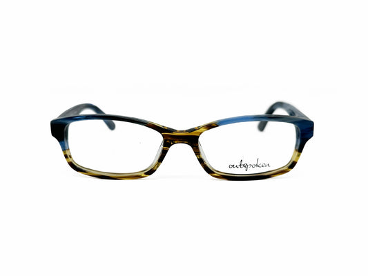 Outspoken rectangular acetate optical frame. Model: A1228. Color: C6 - Brown and blue. Front view. 
