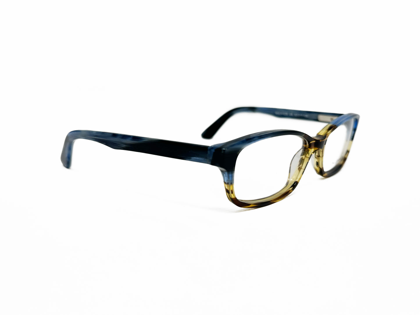 Outspoken rectangular acetate optical frame. Model: A1228. Color: C6 - Brown and blue. Side view.