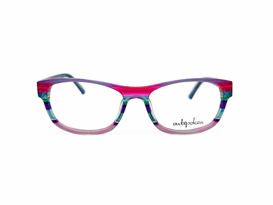 Outspoken rectangular acetate optical frame. Model: A1229. Color: C5 - Purple, pink, blue, and green stripes. Front view. 