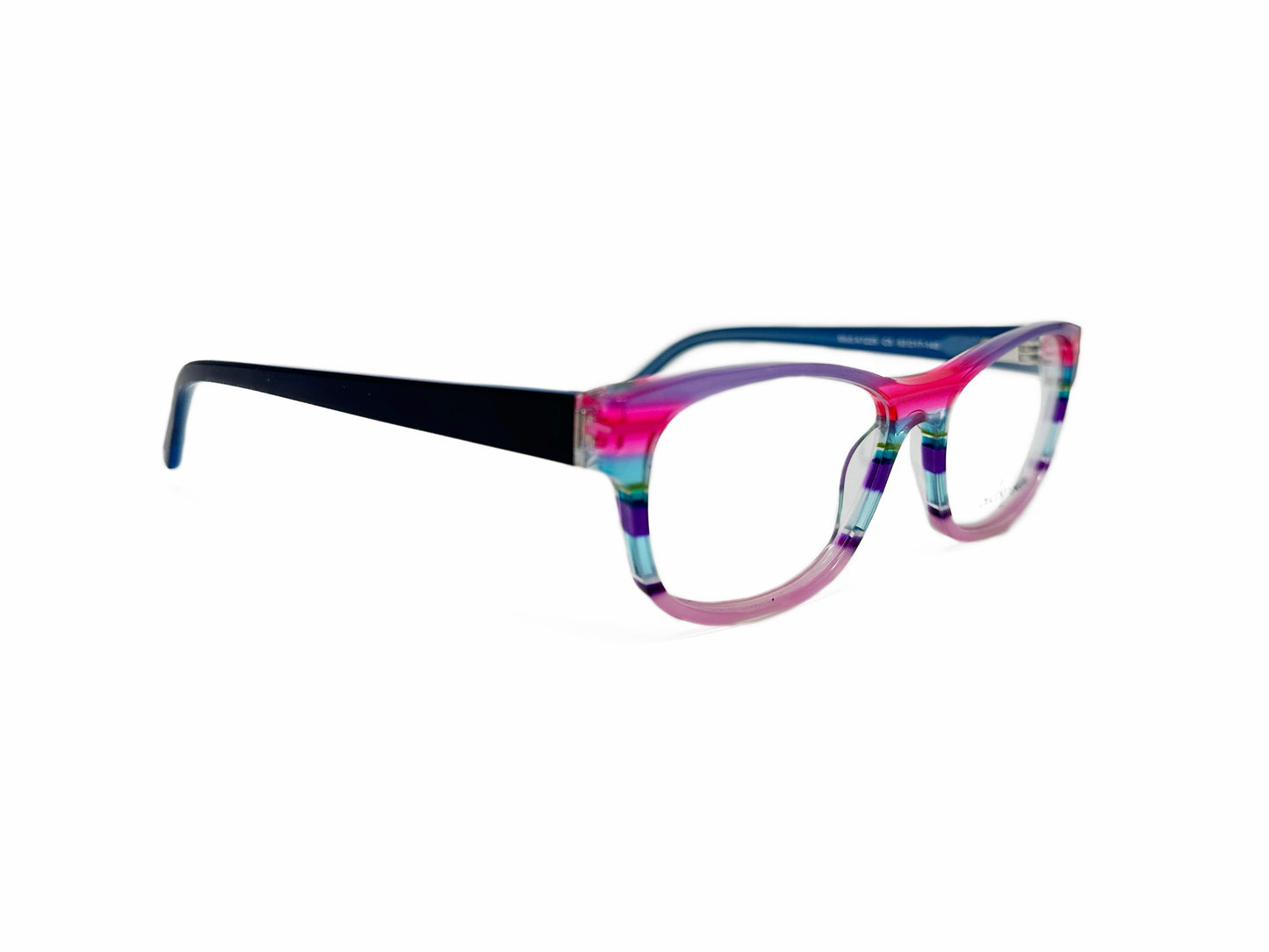 Outspoken rectangular acetate optical frame. Model: A1229. Color: C5 - Purple, pink, blue, and green stripes. Side view.