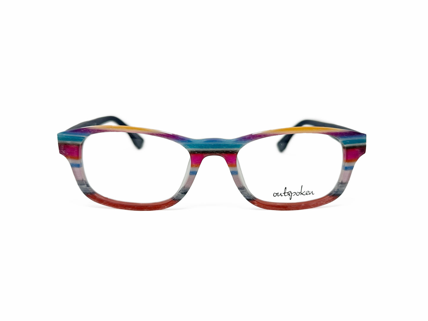 Outspoken rectangular acetate optical frame. Model: OA1508. Color: C& - red, blue, yellow stripes. Front view. 