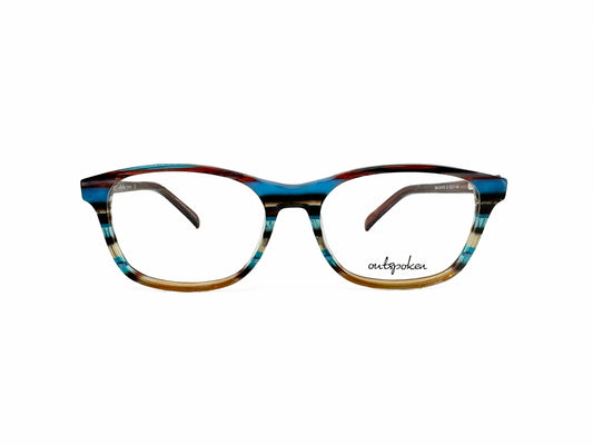 Outspoken rectangular acetate optical frame. Model: OA1519. Color: C3 - Variety of blue and brown stripes. Front view. 