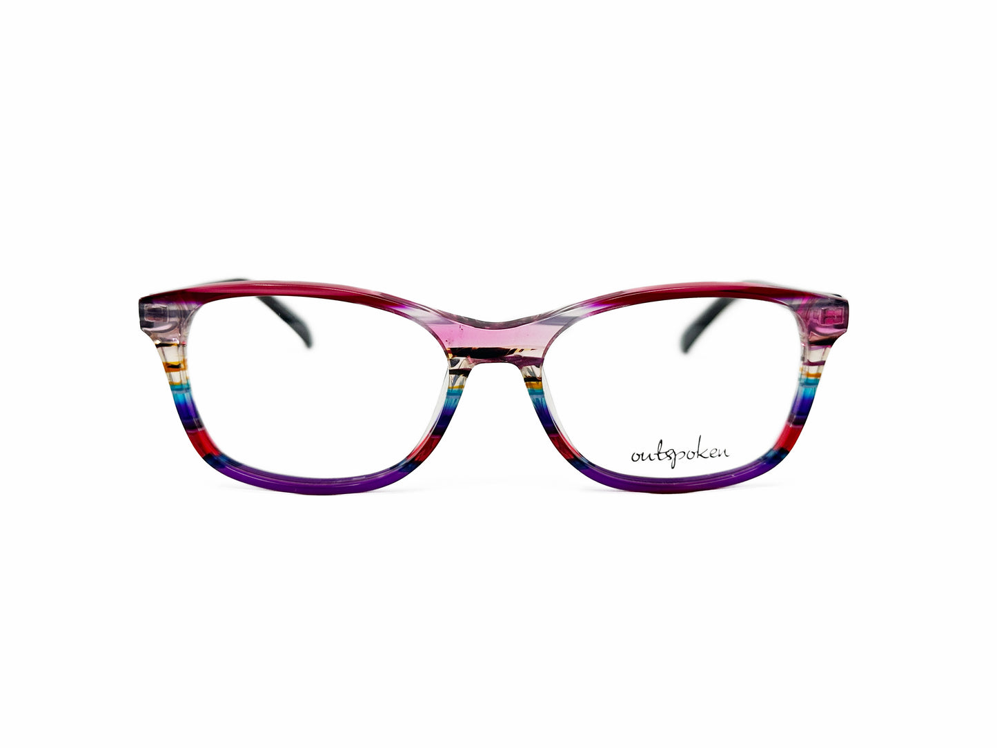 Outspoken rectangular acetate optical frame. Model: OA1519. Color: C7 - Pink, purple, blue, yellow, and transparent stripes. Front view