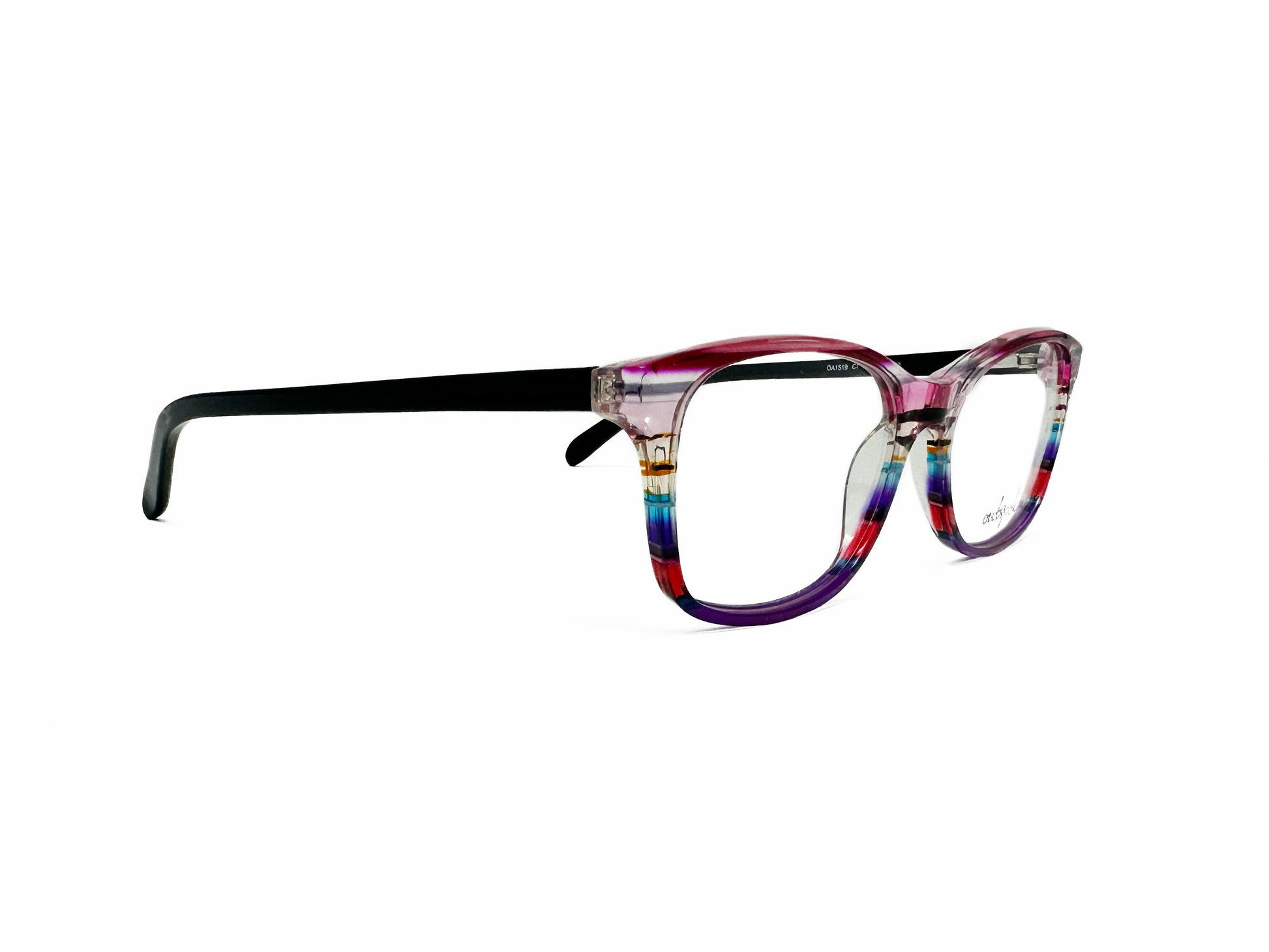Outspoken rectangular acetate optical frame. Model: OA1519. Color: C7 - Pink, purple, blue, yellow, and transparent stripes. Side view