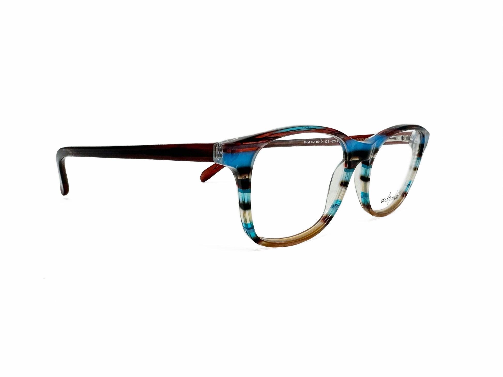 Outspoken rectangular acetate optical frame. Model: OA1519. Color: C3 - Variety of blue and brown stripes. Side view.