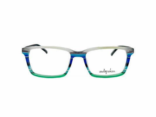 Outspoken rectangular acetate optical frame. Model: OA1603. Color: C03 - Blue, green, and white stripes. Front view. 