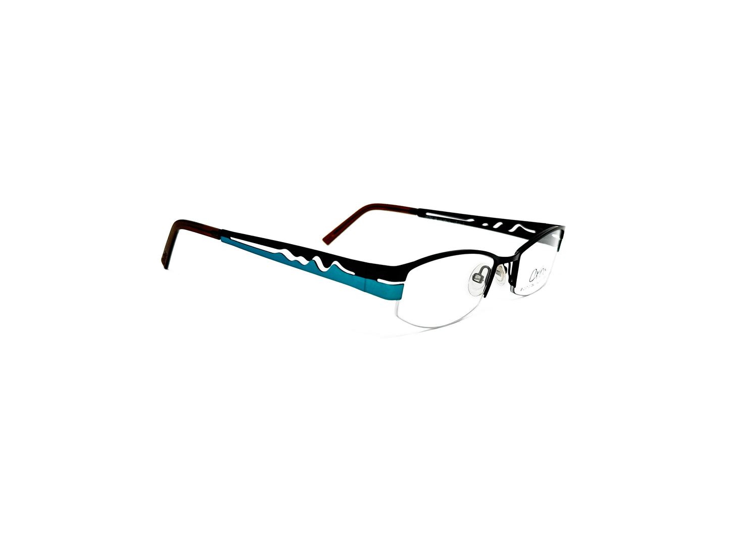 Oxibus half-rim optical frame with metal temples with wavy cut-out design. Model: Akro 02. Color: AK14 - Turquoise. Side view.