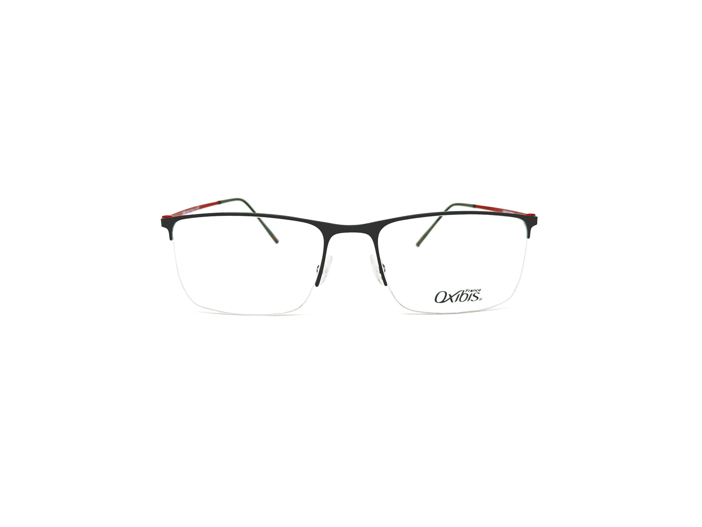 Oxibus large, rectangular, half-rim optical frame with red metal temples. Model: Loop 6. Color: L06C3 Red. Front view.