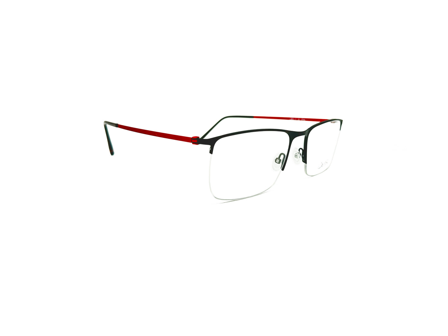 Oxibus large, rectangular, half-rim optical frame with red metal temples. Model: Loop 6. Color: L06C3 Red. Side view.