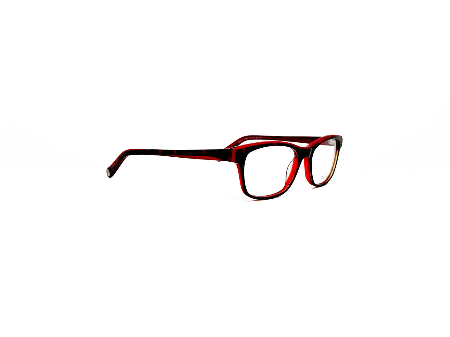 Petite rectangular, acetate, optical frame. Model: PA012. Color: 9530 Red. Side view.