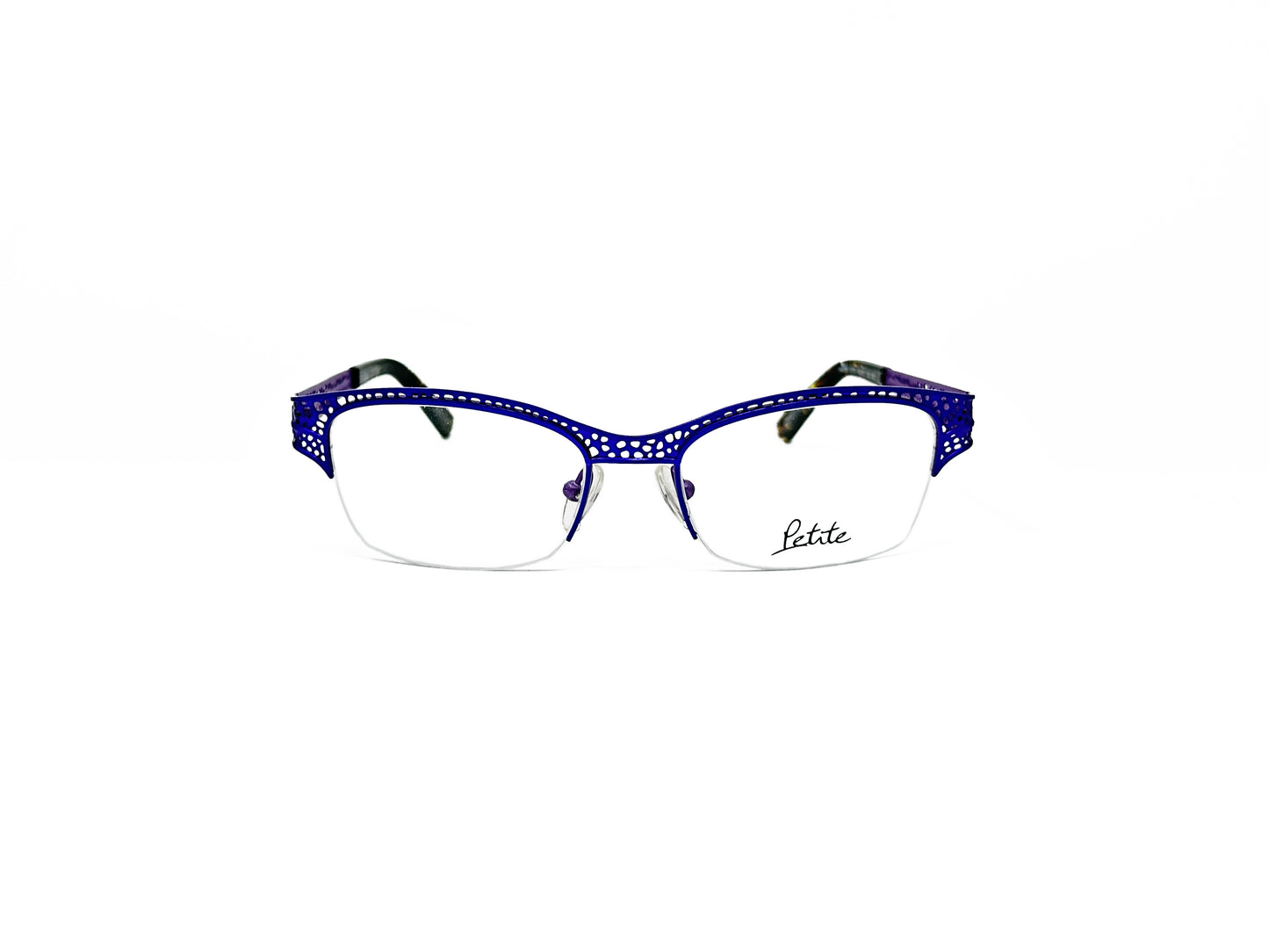 Petite rectangular, half-rim, metal optical frame with oval cut outs. Model:PM008. Color: 2570 Cobalt Blue . Front view.