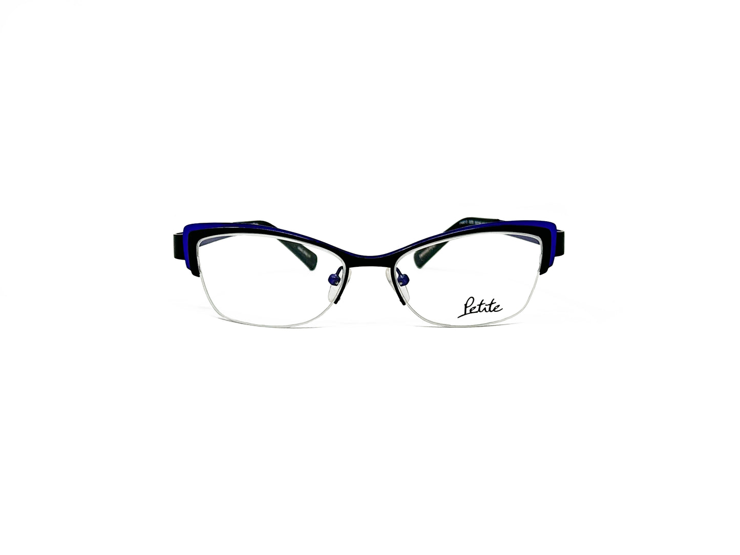 Petite half-rim, subtle cat-eye optical frame. Model: PM013 .Color: 0070 Blue with black temples. Front view.