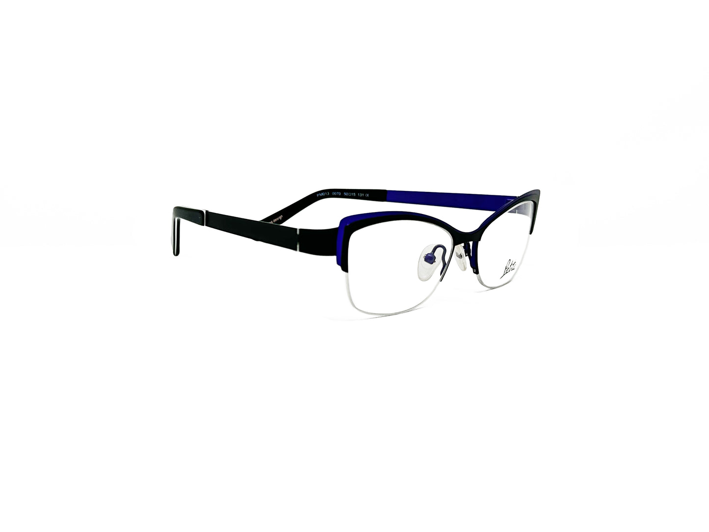 Petite half-rim, subtle cat-eye optical frame. Model: PM013 .Color: 0070 Blue with black temples. Side view.