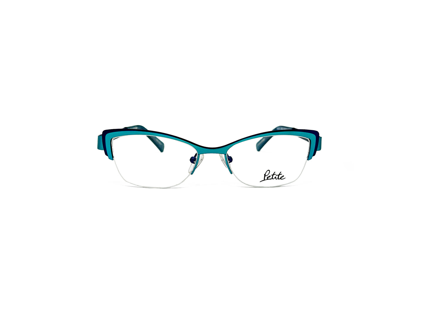 Petite half-rim, subtle cat-eye optical frame. Model: PM013 .Color: 2025 Teal. Front view.