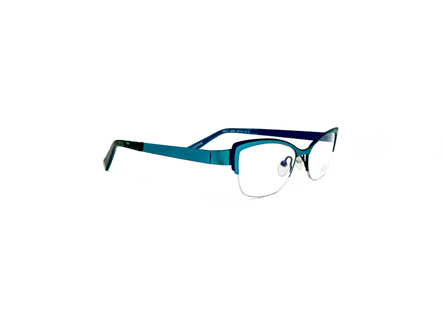 Petite half-rim, subtle cat-eye optical frame. Model: PM013 .Color: 2025 Teal. Side view.