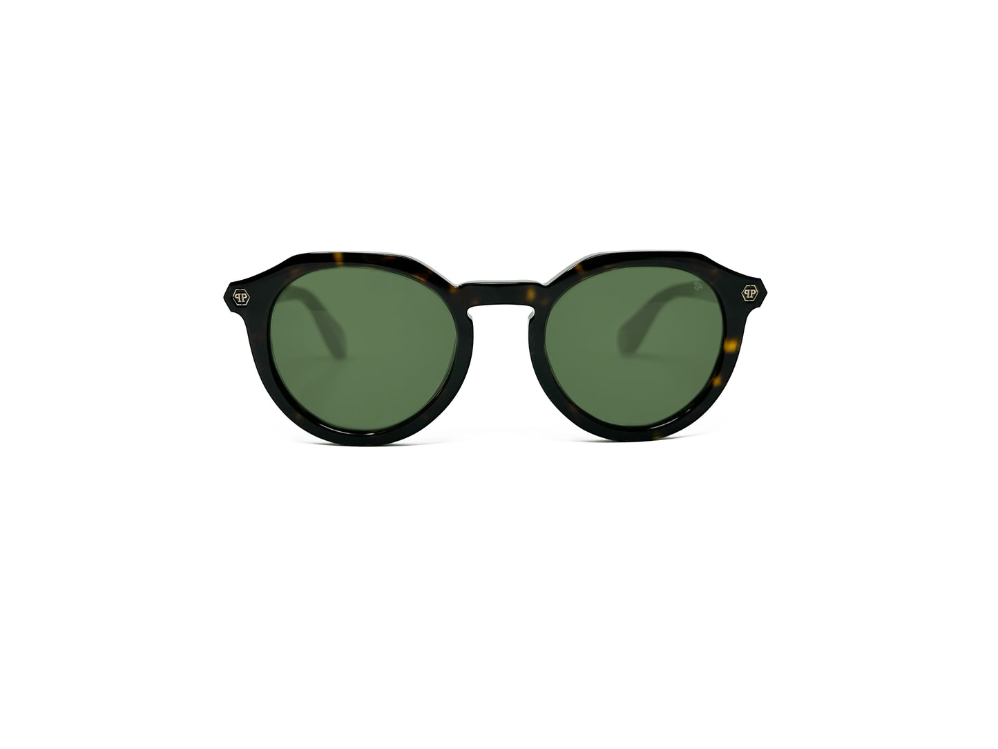 Philipp Plein round acetate sunglass with flat tops and keyhole nose bridge. Model: SPP002. Color: 0722 Tortoise with green lenses. Front view.