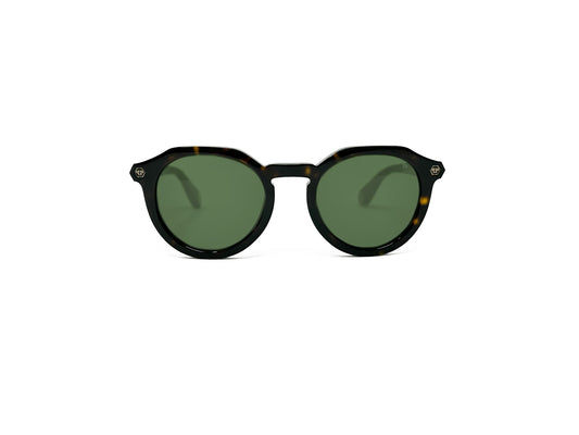 Philipp Plein round acetate sunglass with flat tops and keyhole nose bridge. Model: SPP002. Color: 0722 Tortoise with green lenses. Front view. 