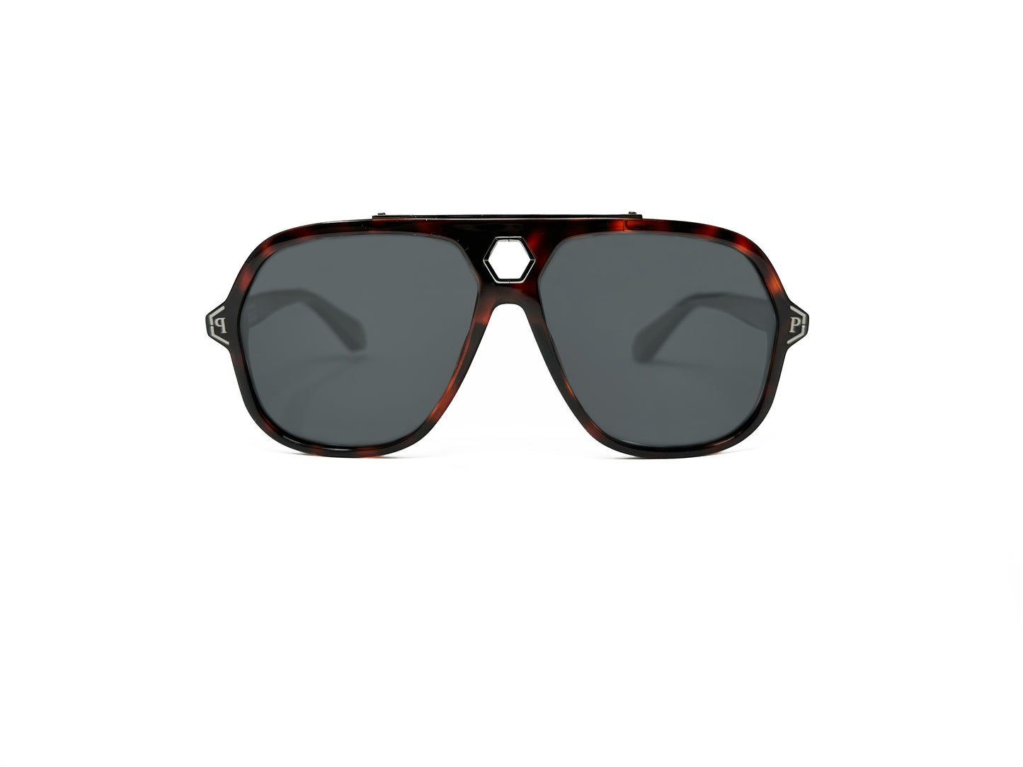 Philipp Plein large, acetate, squared-aviator style sunglass with octagonal cut-out above bridge. Model: Urban Vegas. Color: 9ATP - Tortoise. Front view.