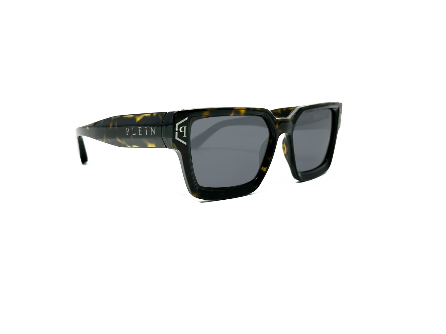 Philipp Plein square acetate sunglass. Model: SPP005 Brave. Color: 722X Tortoise. Side view.