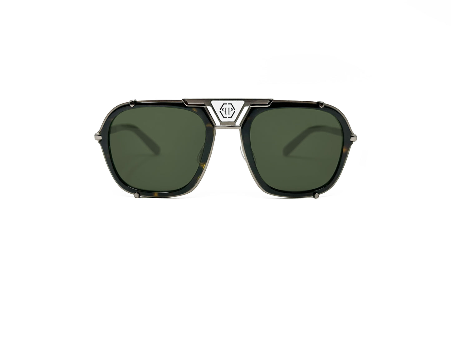 Philipp Plein squared aviator style sunglass with monogram above bridge. Model: SPP010 Signature. Color: 584Y Tortoise with silver metal temples. Front view.