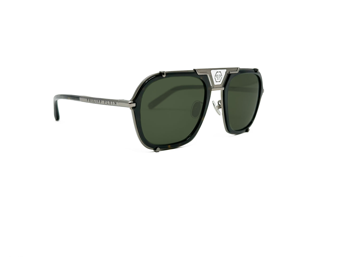 Philipp Plein squared aviator style sunglass with monogram above bridge. Model: SPP010 Signature. Color: 584Y Tortoise with silver metal temples. Side view.