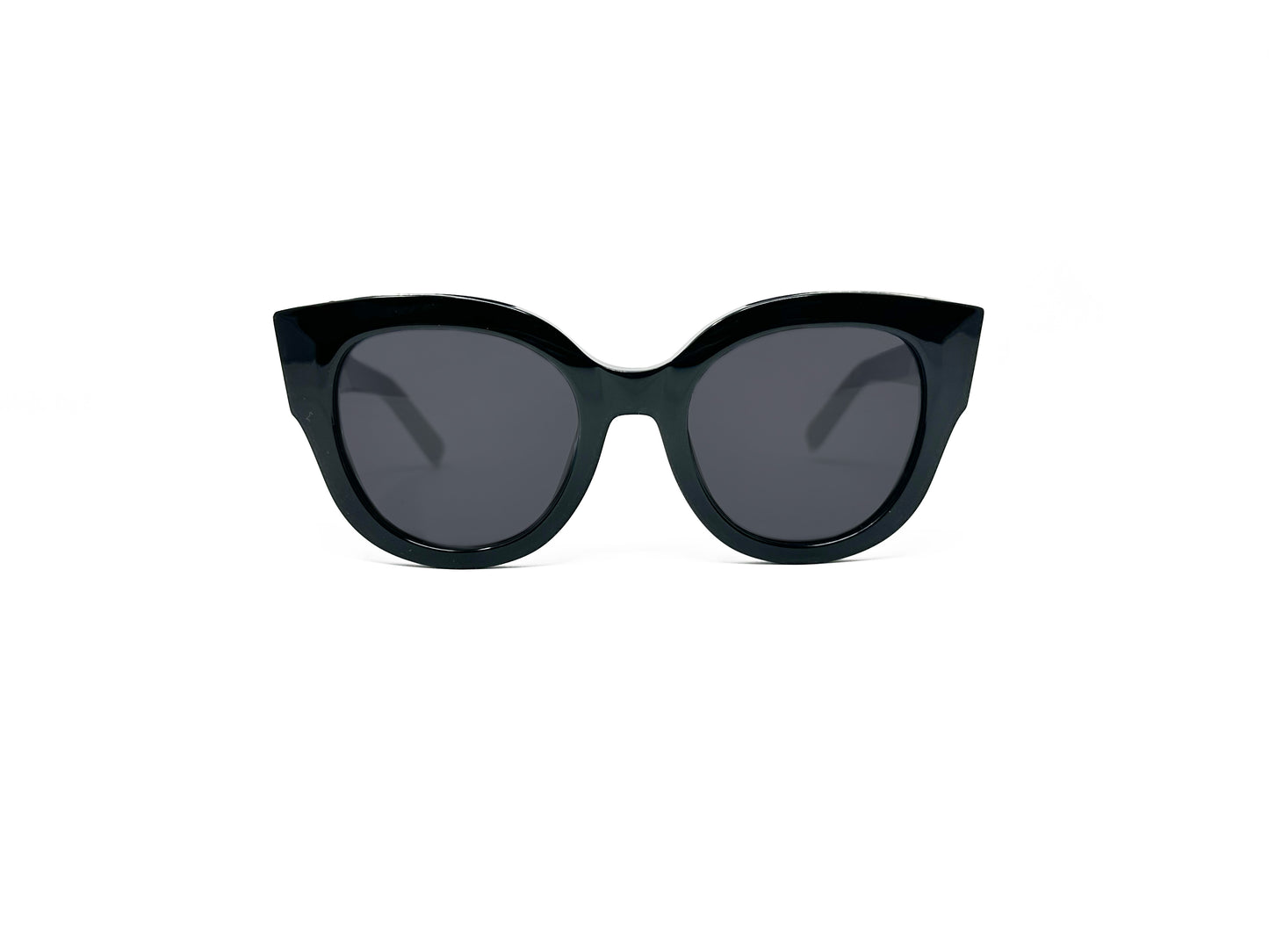 Philipp Plein rounded sunglasses with slight cat-eye. Model: SPP026S Nobile Milan. Color: 0700 - Black with Silver metal accents. Front view.