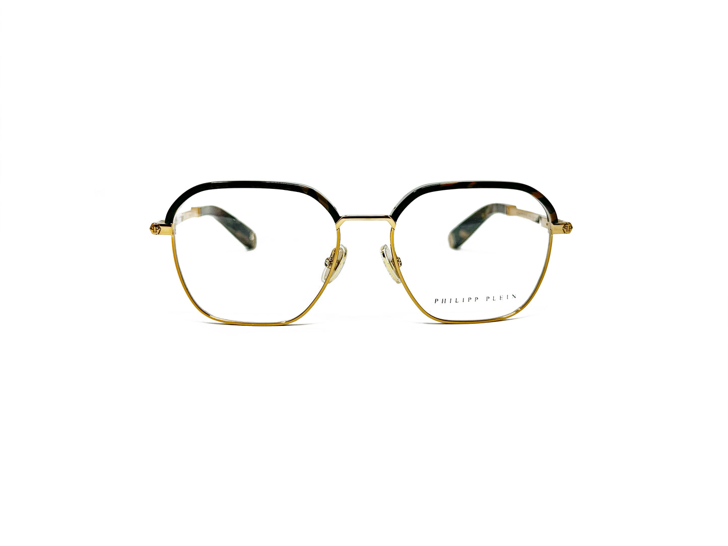 Philipp Plein half-rim optical frame. Model: VPP017. Color: 08FF black marble with gold metal. Front view.