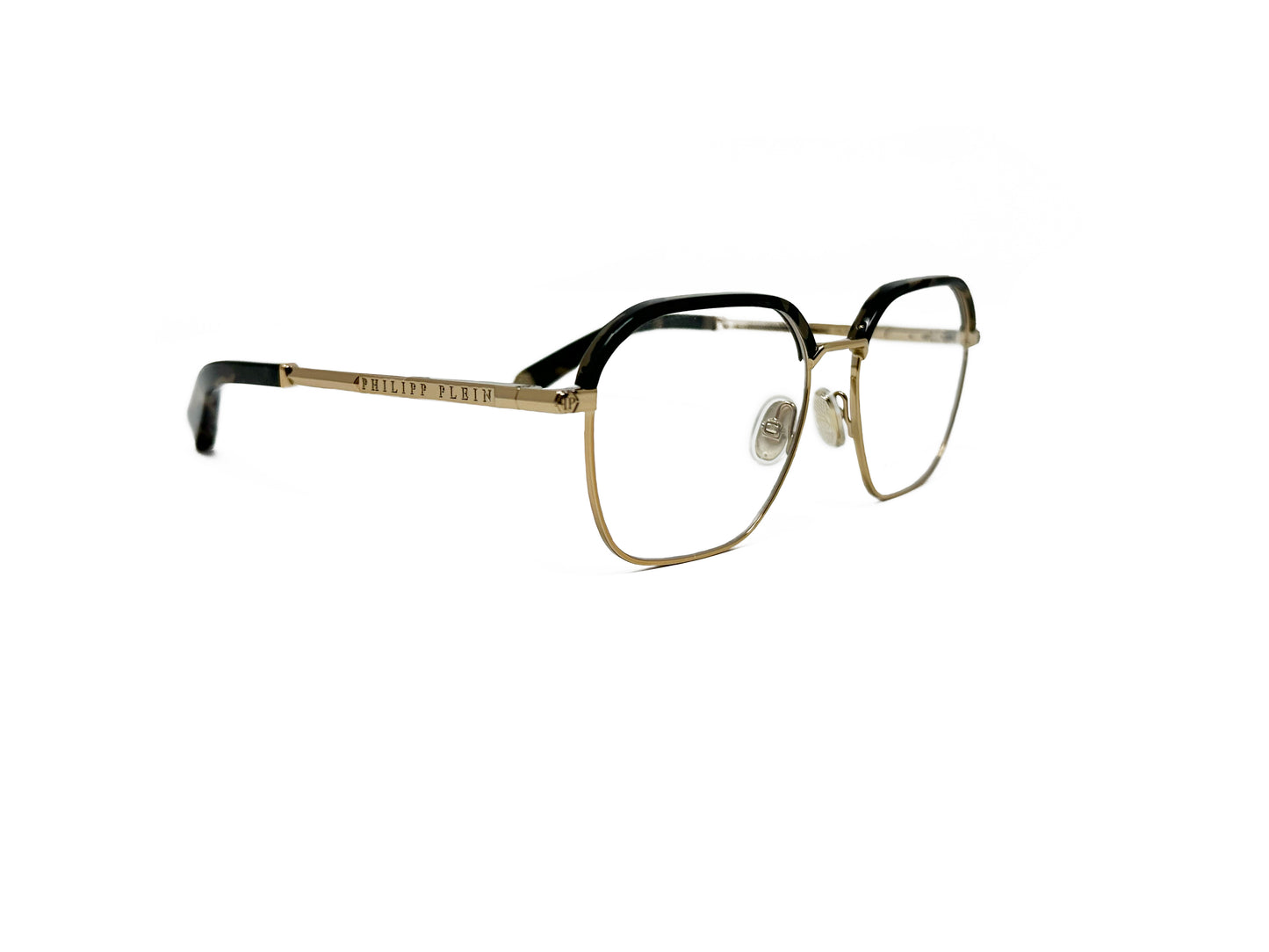 Philipp Plein half-rim optical frame. Model: VPP017. Color: 08FF black marble with gold metal. Side view.