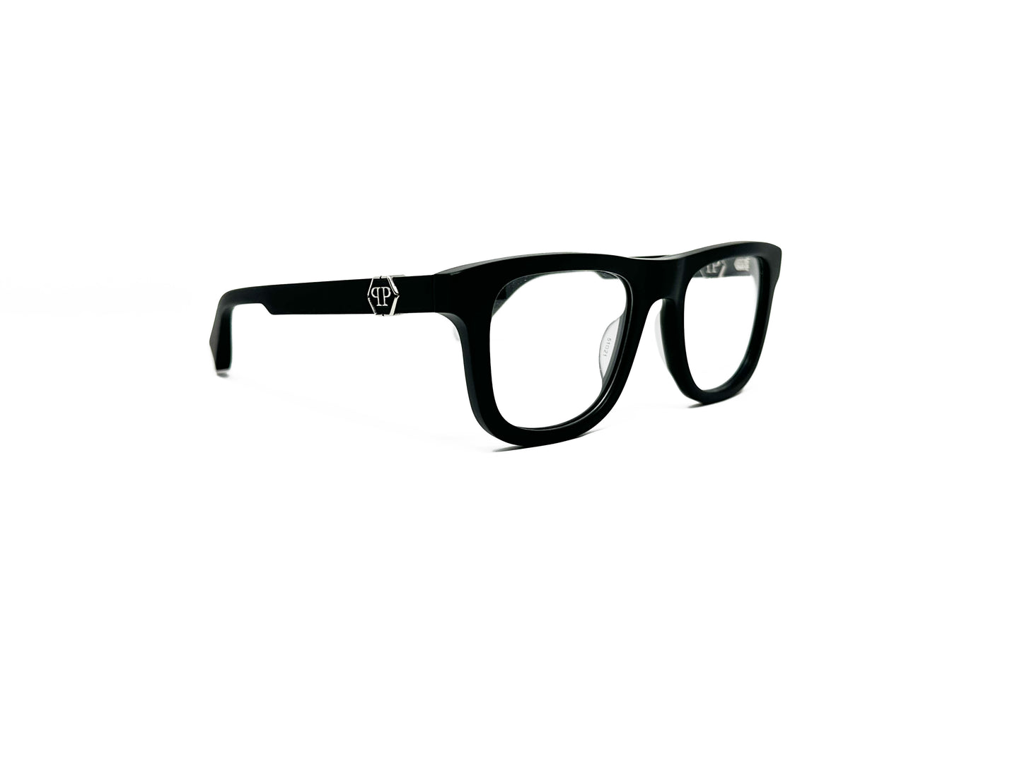 Philipp Plein square optical frame. Model: VPP023 Aura Spirit. Color: 0703 Black. Side view.