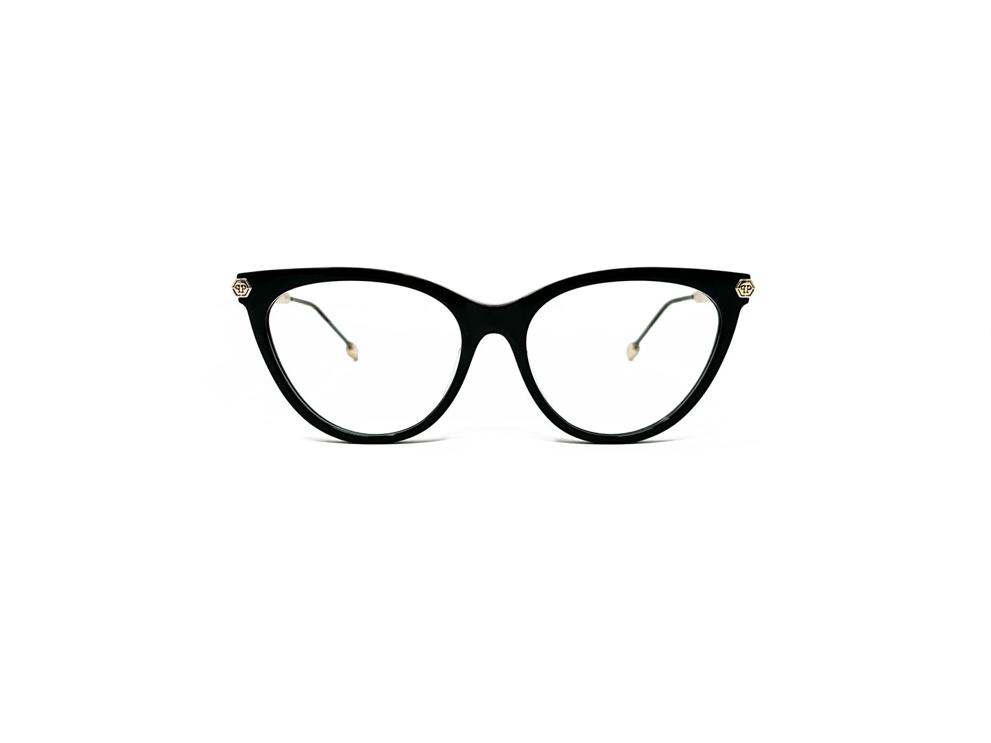 Philipp Plein cat-eye optical frame. Model: VPP037S Flawless. Color: 0700 Black with gold accents. Front view.