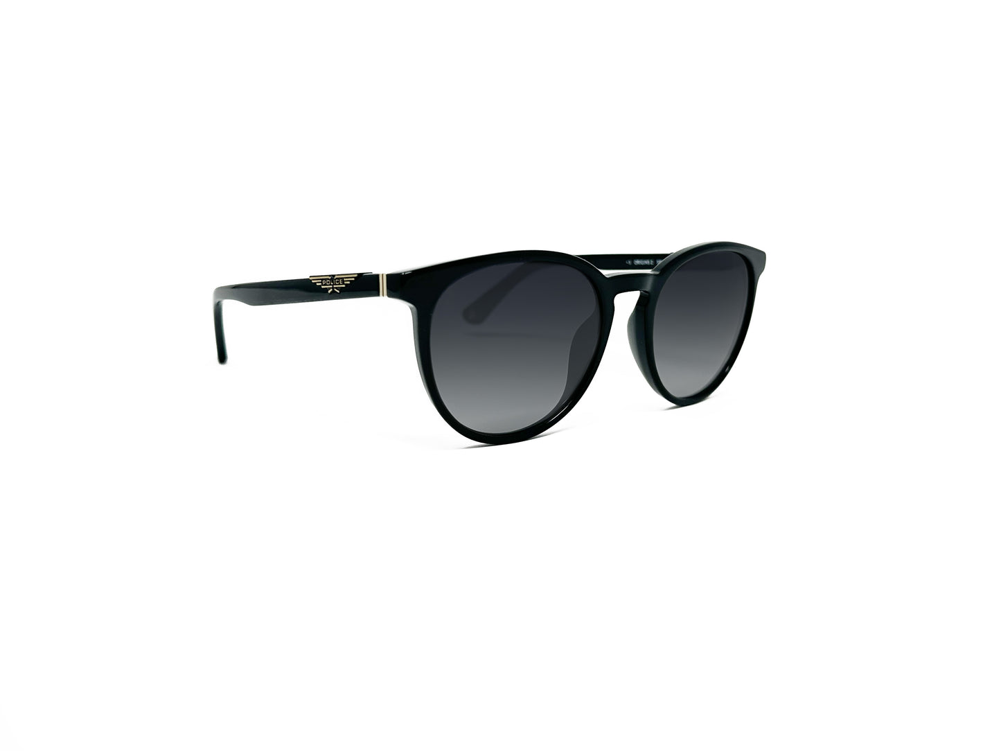 Police round acetate sunglass. Model: SPL873 Origins2. Color: 700F - Black. Side view.