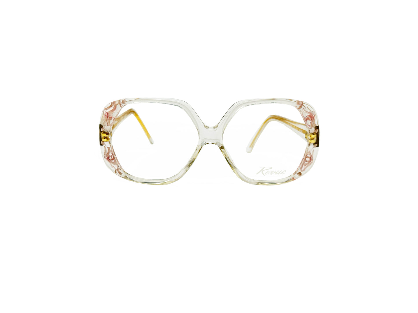 Revue vintage, oversized, acetate optical frame. Model: 606. Color: Pink, clear with pink flower design inlaid inside acetate. Front view.