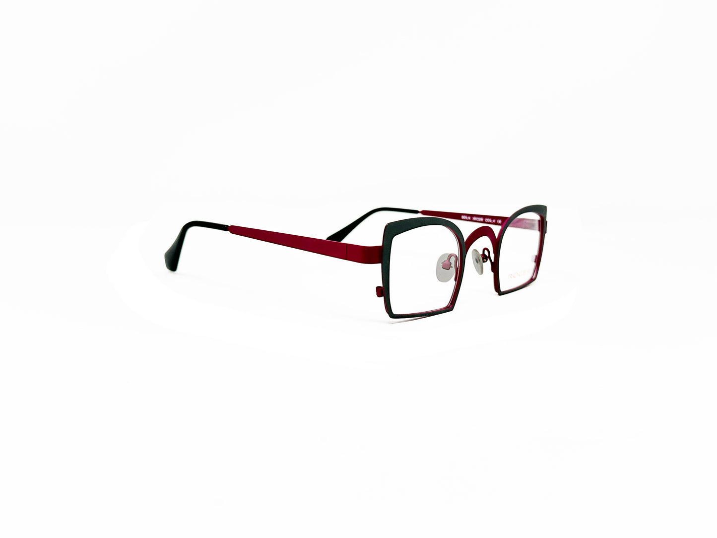 Roger upturned, angled metal optical frame. Model: Bola. Color: 4 - Black and Burgundy. Side view.