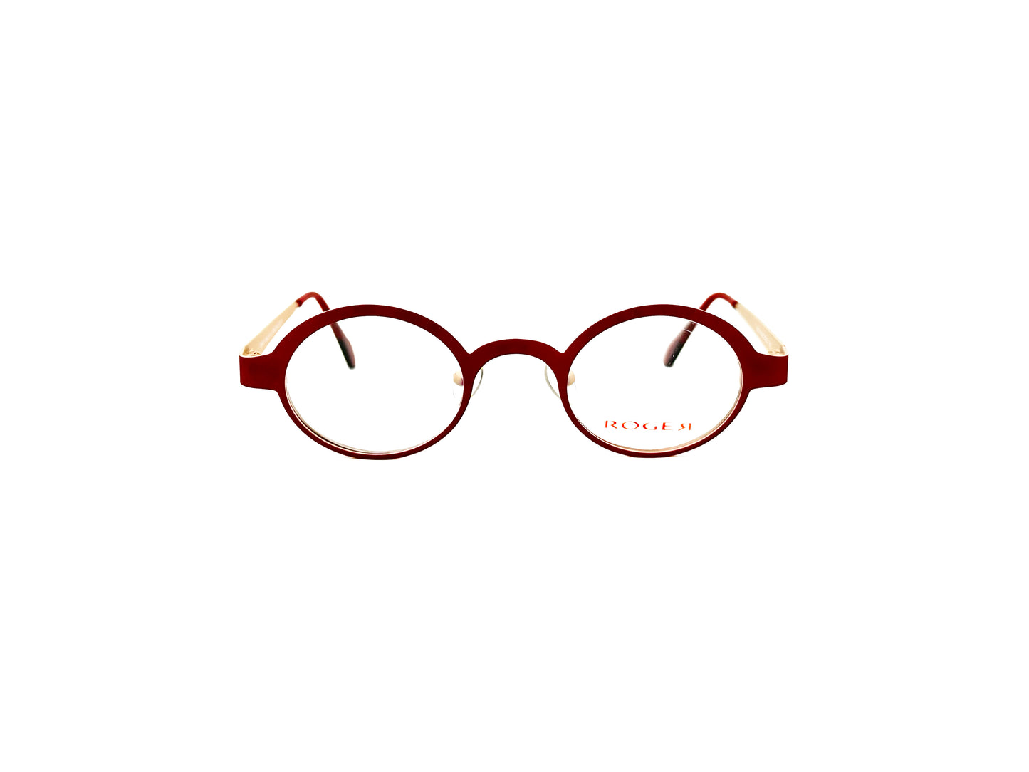 Roger oval, metal, optical frames . Model: Dee. Color: 2 Red and cream. Front view.