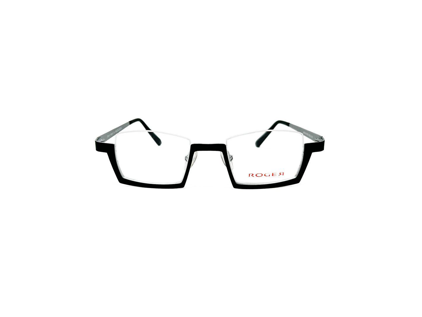 Roger angled, metal half-rim optical frame with metal rim on bottom and bare on top. Model: Jack. Color: 2 - Black with Silver. Front view.
