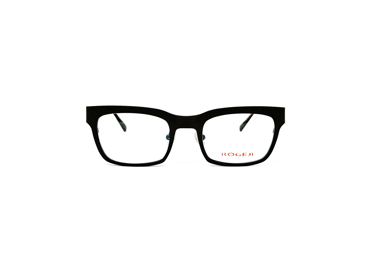 Roger metal, squared optical frame. Model: Jacob. Color: 1 Black. Front view.