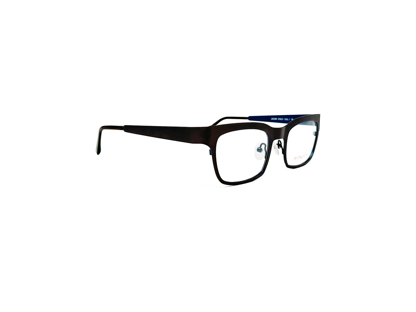 Roger metal, squared optical frame. Model: Jacob. Color: 1 Black. Side view.
