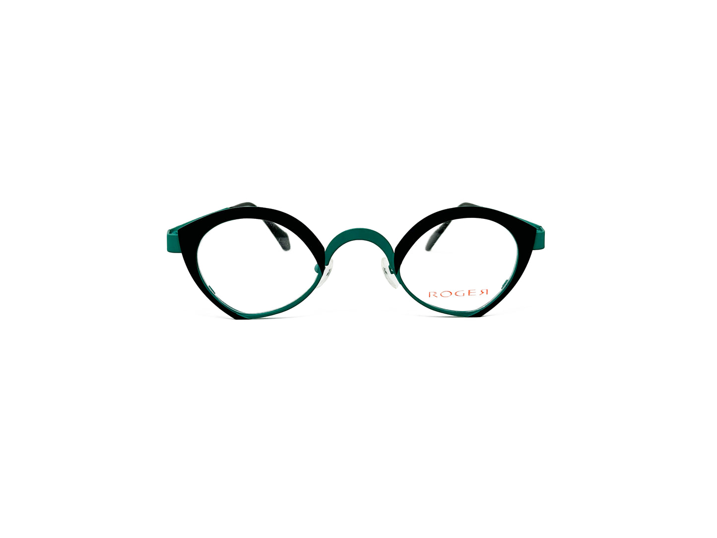 Roger two-toned, metal, angled oval optical frame. Model: Linda. Color: 1 - Black and Green. Front view.