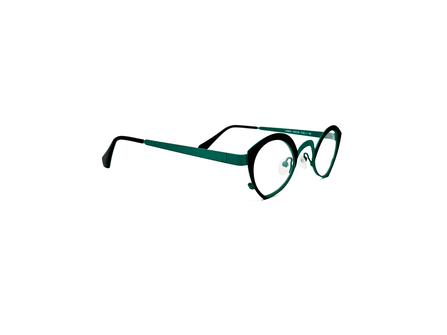 Roger two-toned, metal, angled oval optical frame. Model: Linda. Color: 1 - Black and Green. Side view.