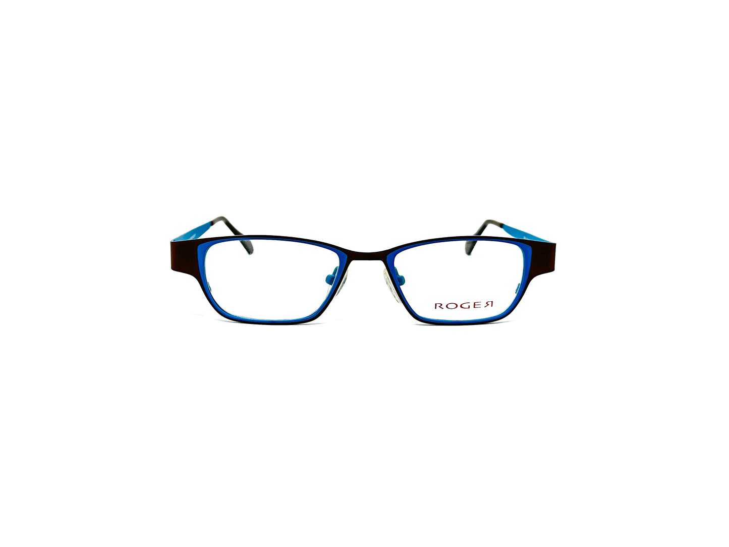 Roger rectangular, metal optical frame. Model: Mel. Color: 2 - Blue and black. Front view.