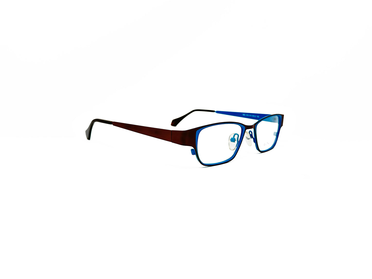 Roger rectangular, metal optical frame. Model: Mel. Color: 2 - Blue and black. Side view.