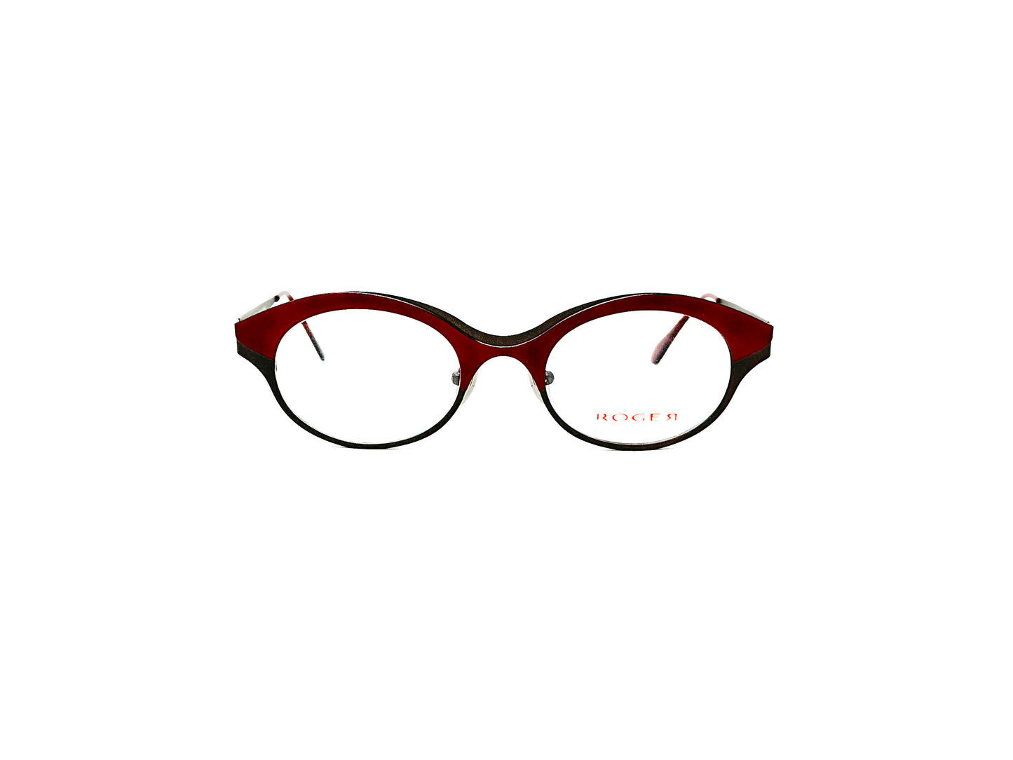 Roger metal, oval optical frame, with frame thicker on top than bottom. Model: Morris. Color: 2 - Burgundy & Black. Front view.