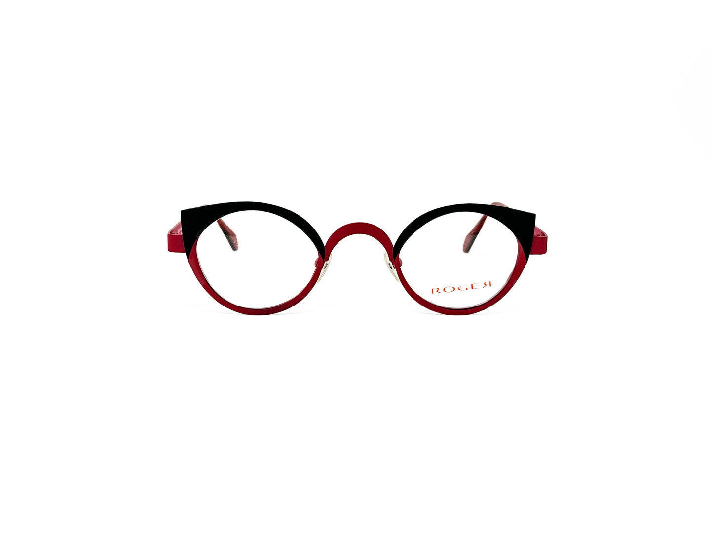 Roger metal, round, cat-eye optical frame. Model: RHI. Color: 4 - Red with black top rim. Front view.