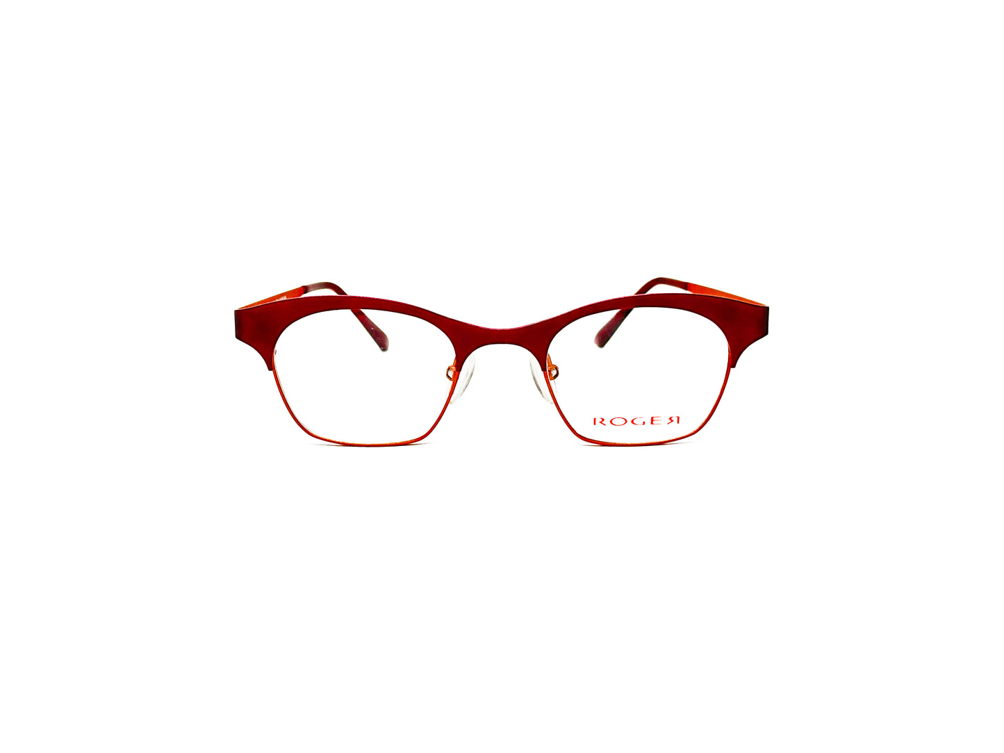Roger metal, two-toned, rounded square optical frame. Model: Sjak. Color:3 - Red on top and orange on lower half. Front view.