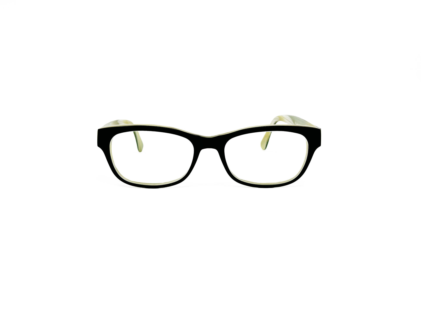 Schmnchel rectangular, uplifted, acetate optical frame. Model: 4537. Color: 1860M Black with cream swirl temples. Front view.