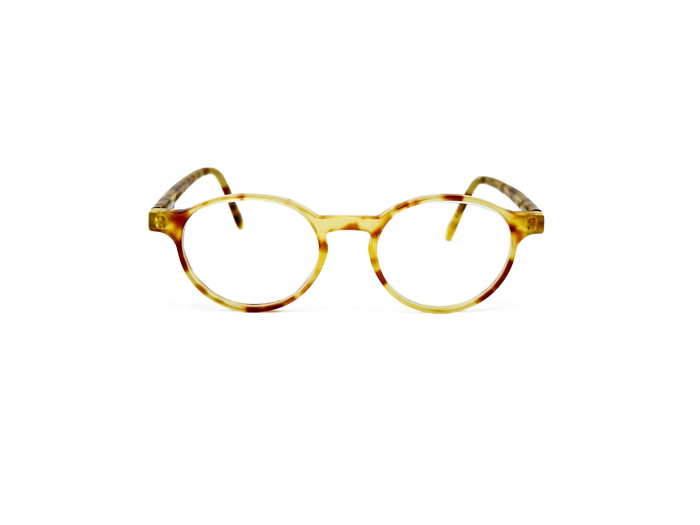 Schmnchel round acetate optical frame. Model: 120. Color: 129 Yellow havana. Front view.