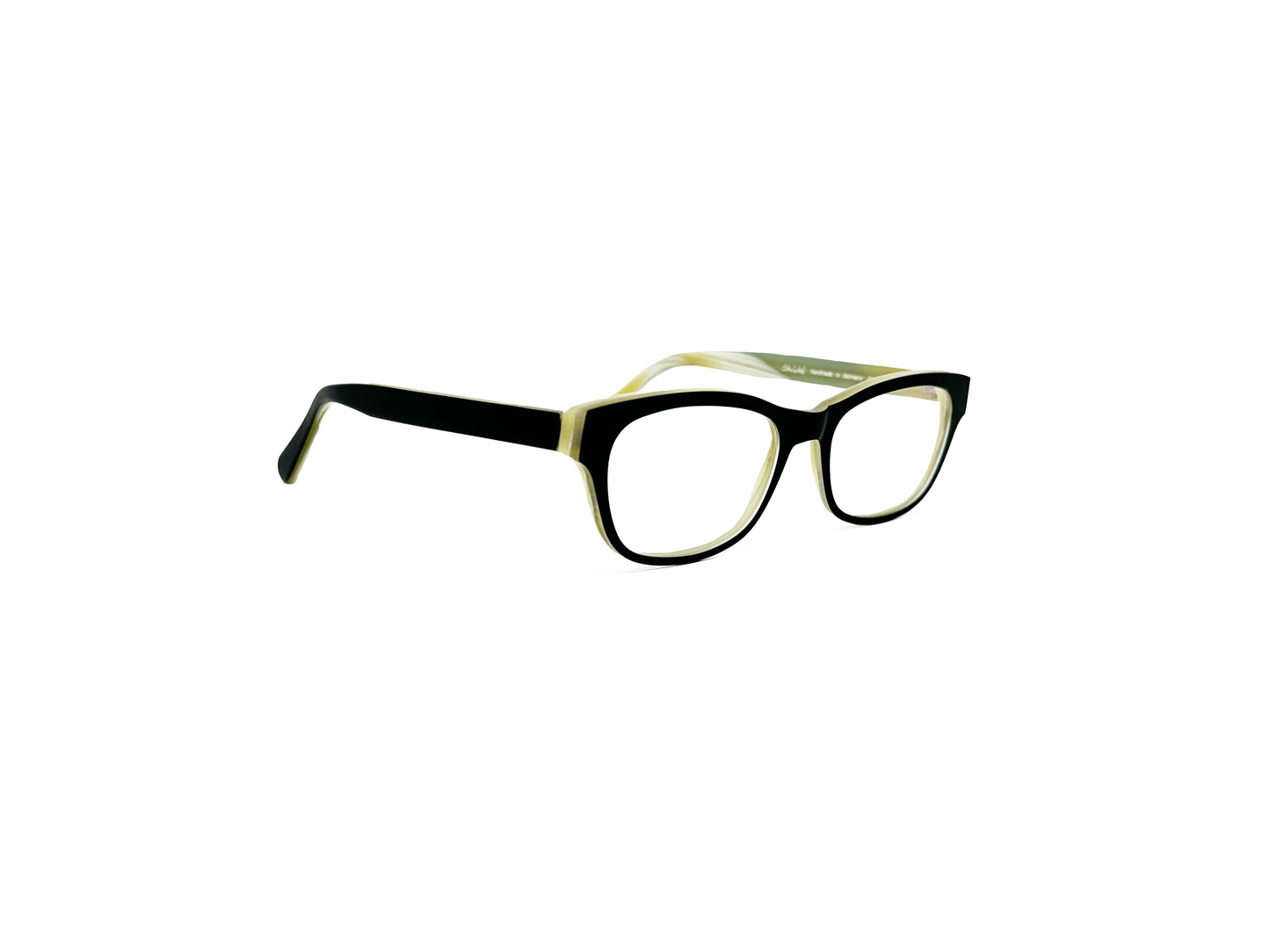 Schmnchel rectangular, uplifted, acetate optical frame. Model: 4537. Color: 1860M Black with cream swirl temples. Side view.