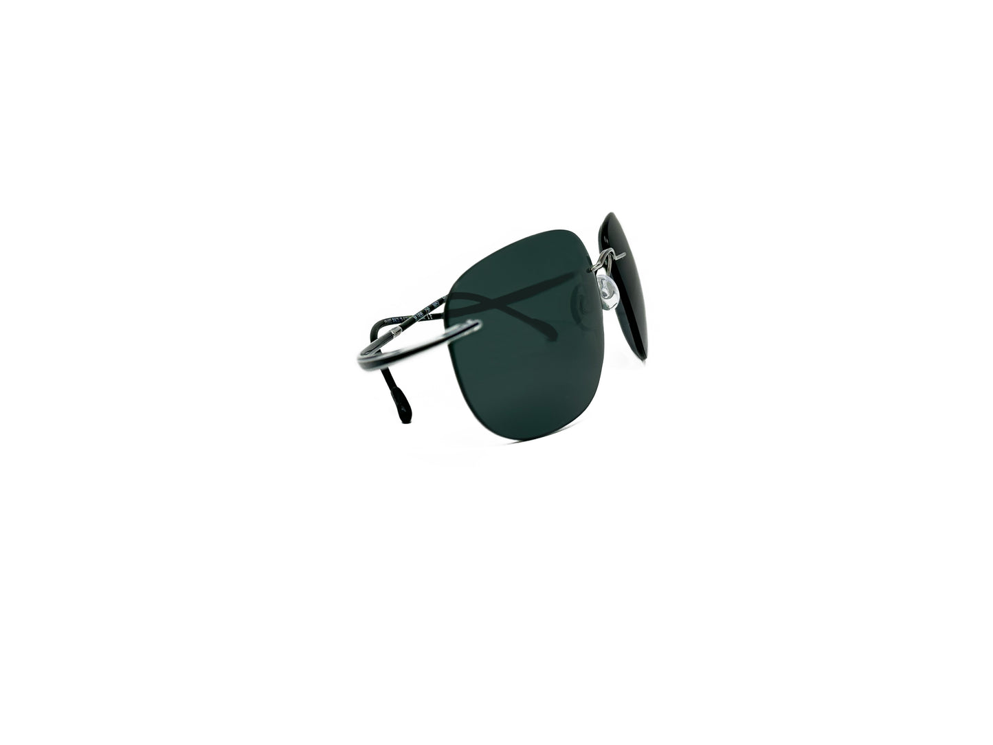 Silhouette rimless sunglass. Model: 7498. Color: 6057- Silver metal with grey lens. Side view.
