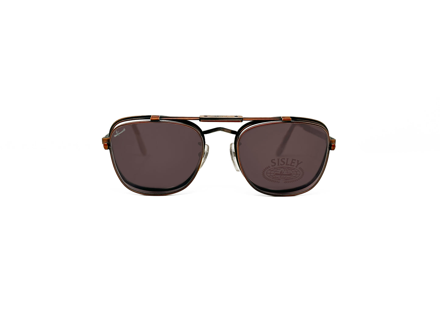Sisley rounded-square flip-up sunglass with bar across top. Model: SL4. Color: 009 - Bronze. Front view. Shades flipped down.