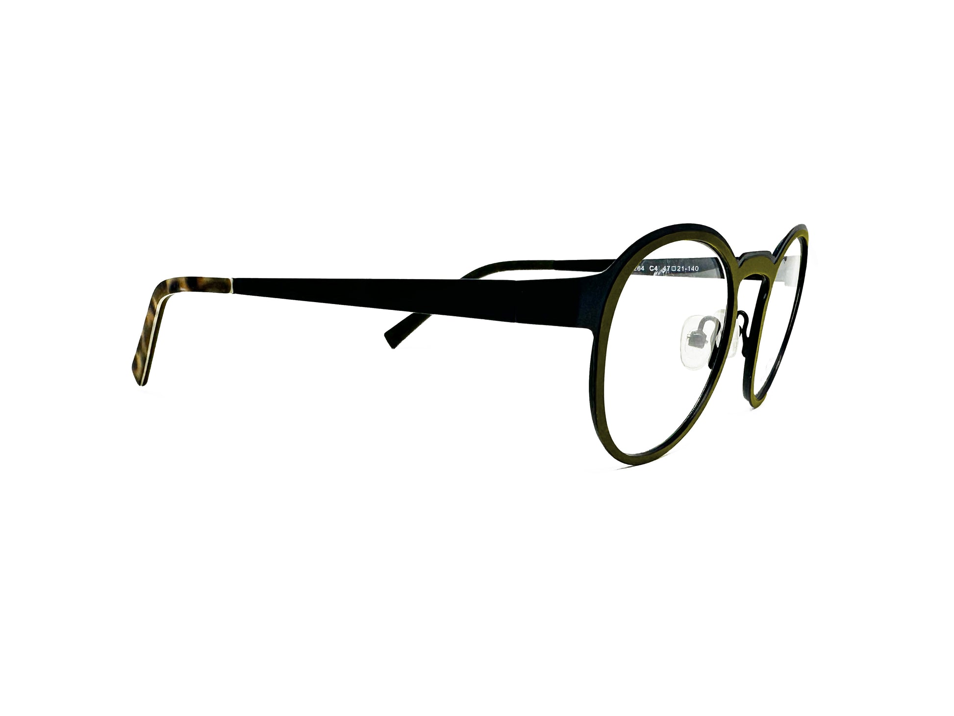 Social Eyes rouned, metal optical frame with keyhole bridge. Model: 1264. Color: C4 - Dark Olive with Black and tortoise temple tips. Sideview.